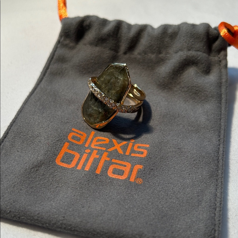 Alexis Bittar Gold Ring with Green/Brown Stone and Crystal Accents